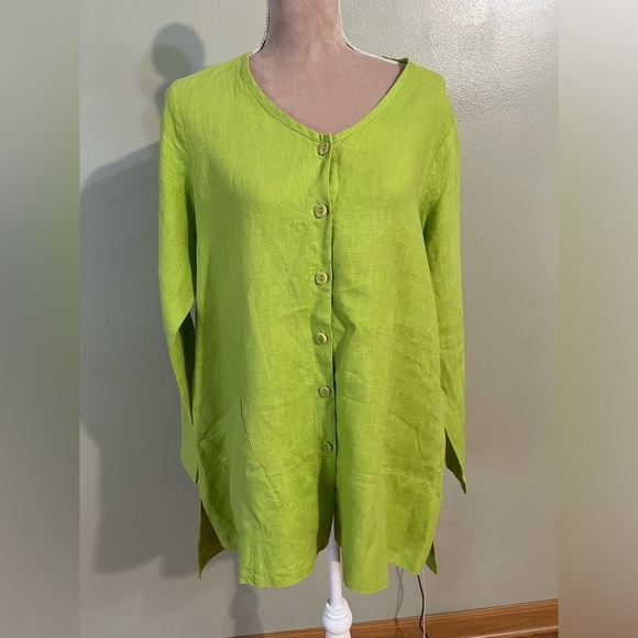 Flax Womens Lime Green Pocket Lagenlook Long Sleeve Button  Up Shirt Size P/M - Picture 1 of 12